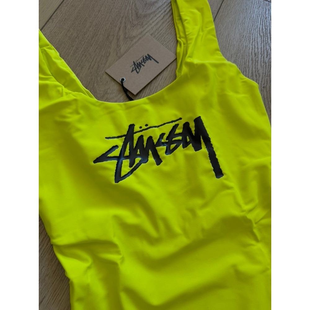 Stussy Stock One Piece Swim Suit Neon Yellow Logo 213070 Womens Small NWT - Picture 4 of 7